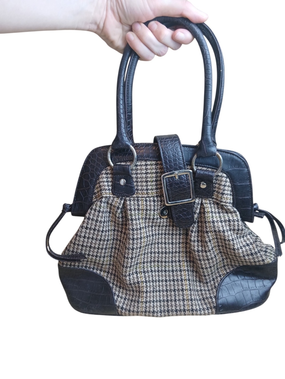 ๐ Dark Brown & Cream Houndstooth Satchel Handbag Faux Croc Accents Guc
